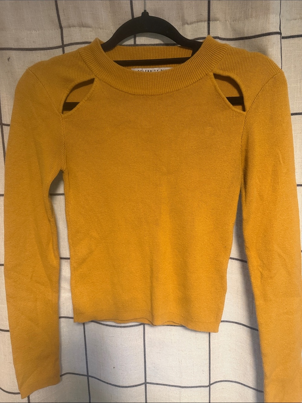 Celebrity Pink Mustard Cutout Shoulder Crewneck Sweater